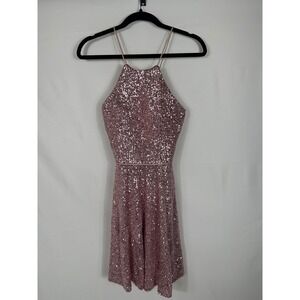 Luci Lu Sequin Halter Neck Lace Up Back‎ Mini Dress Rose Gold Size 2